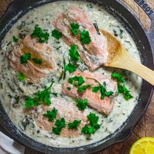 garlic lemon salmon in a greek yogurt cream sauce