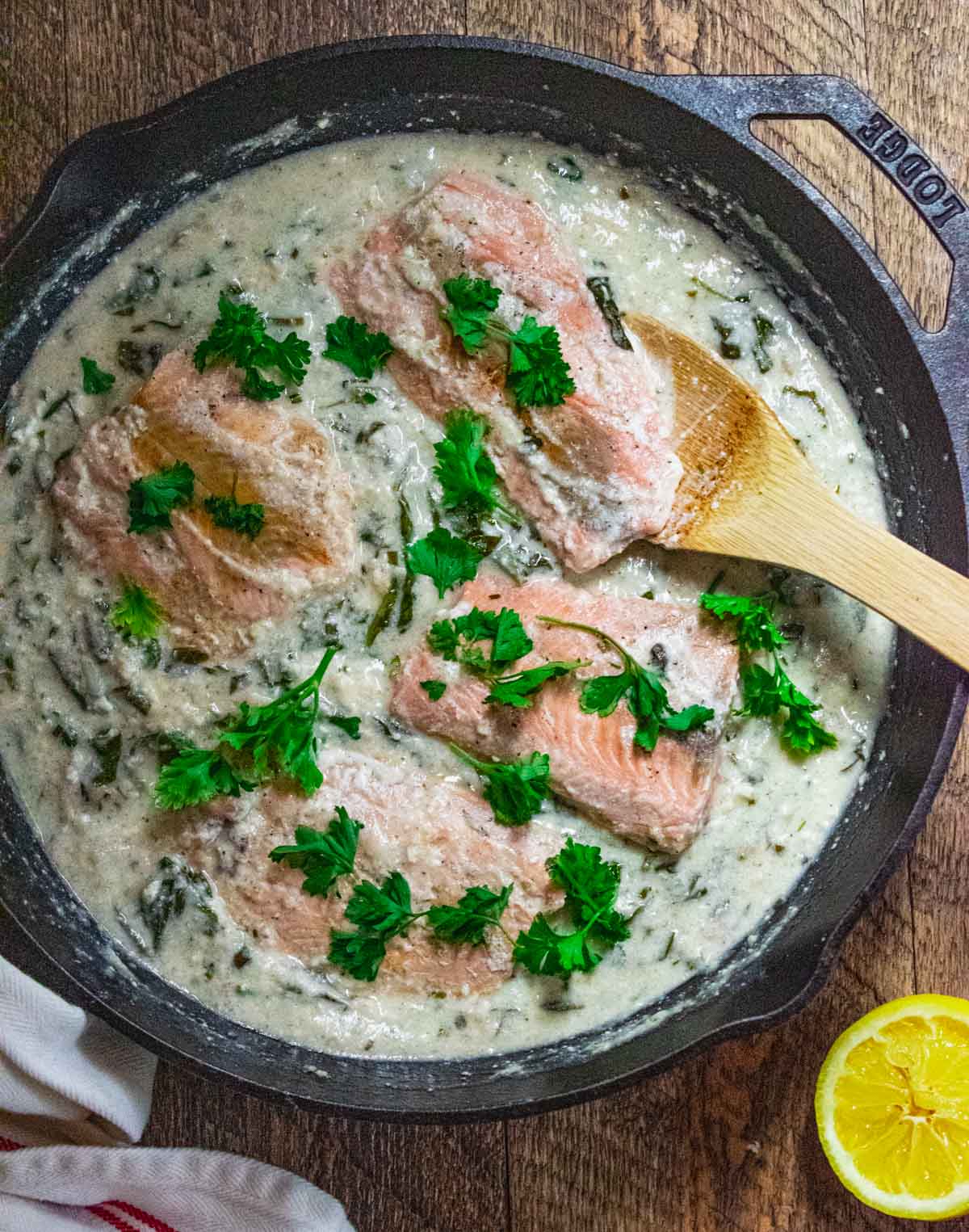 garlic lemon salmon in a greek yogurt cream sauce