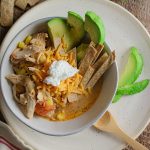 slow cooker healthy chicken tortilla soup in a white bowl topped with avocado and crispy tortilla strips