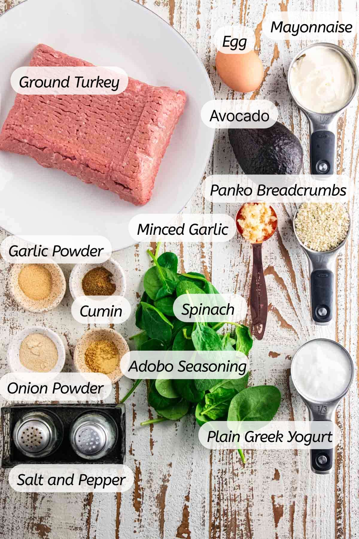 A birds eye view of all the ingredients needed for this meal with labels included.