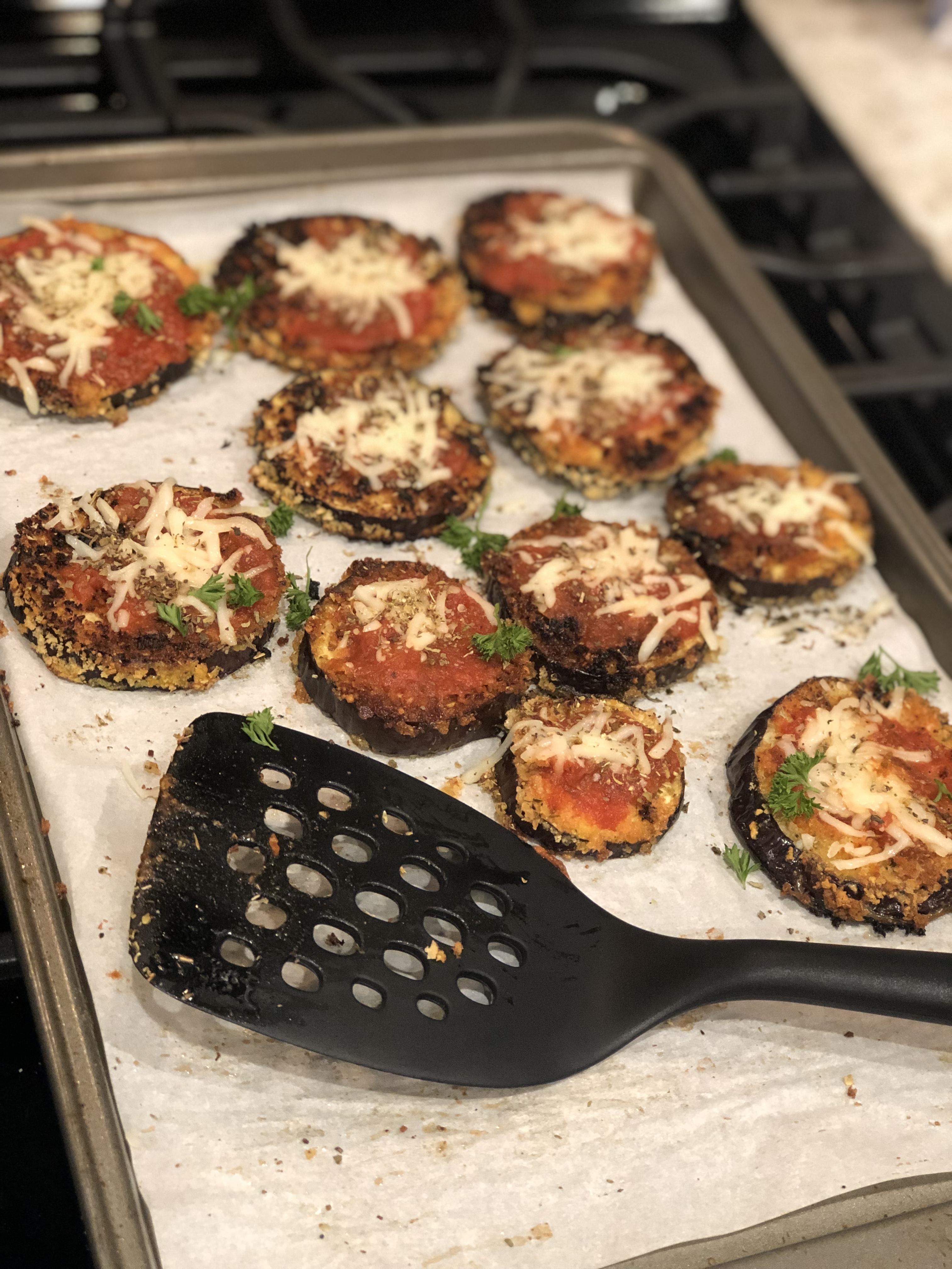 crispy eggplant pizzas fresh out of the oven