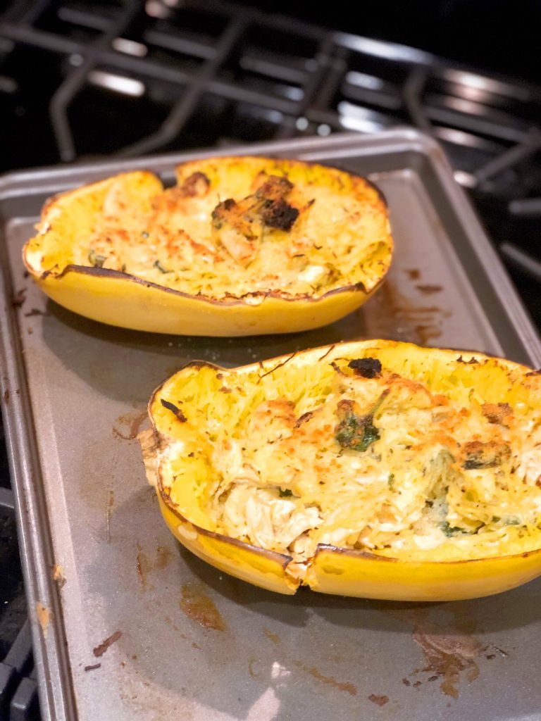 Cheesy Spinach and Chicken Spaghetti Squash - Jillian's Healthful Eats