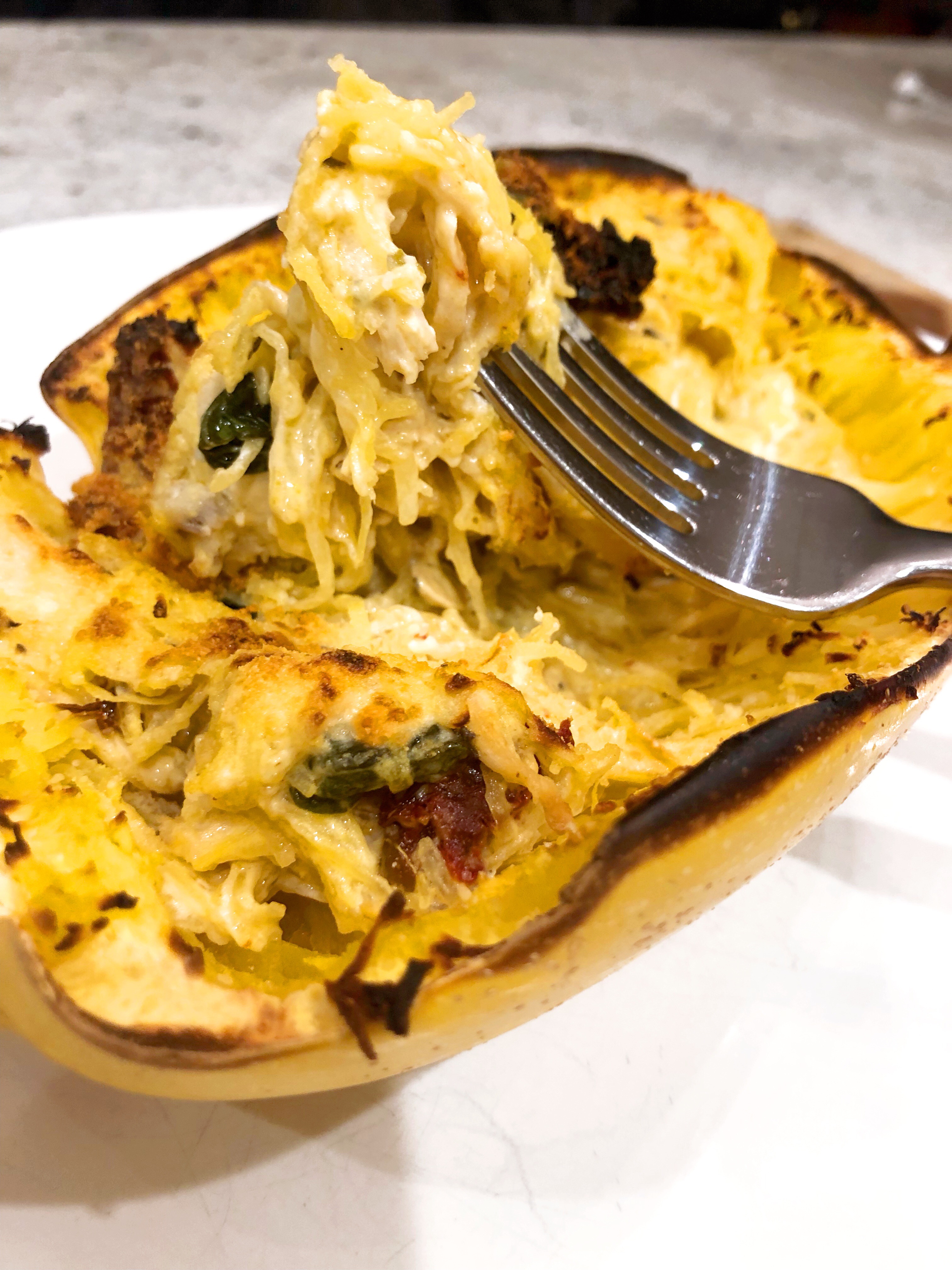 Cheesy Spinach and Chicken Spaghetti Squash - Jillian's Healthful Eats