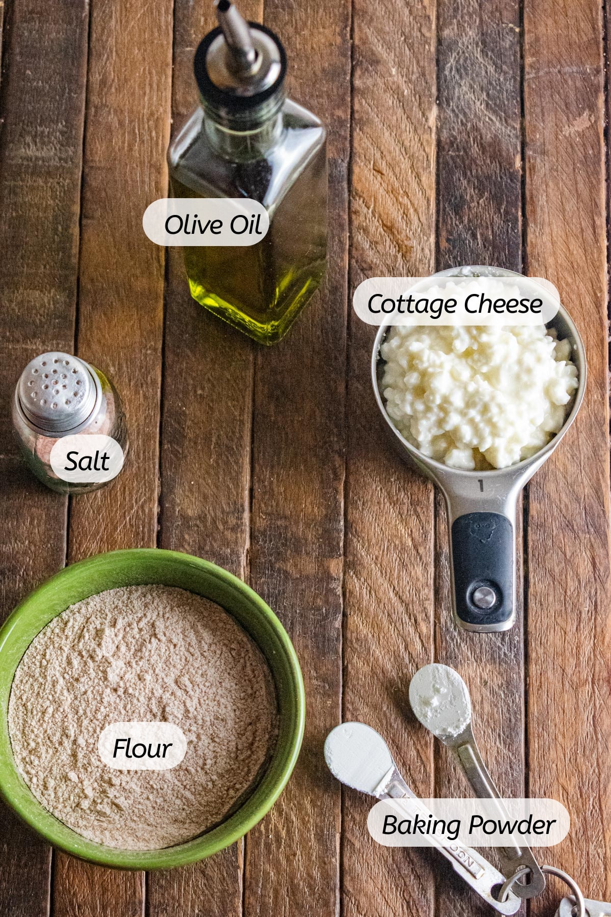 All the ingredients you will need for the cottage cheese crust with labels included.