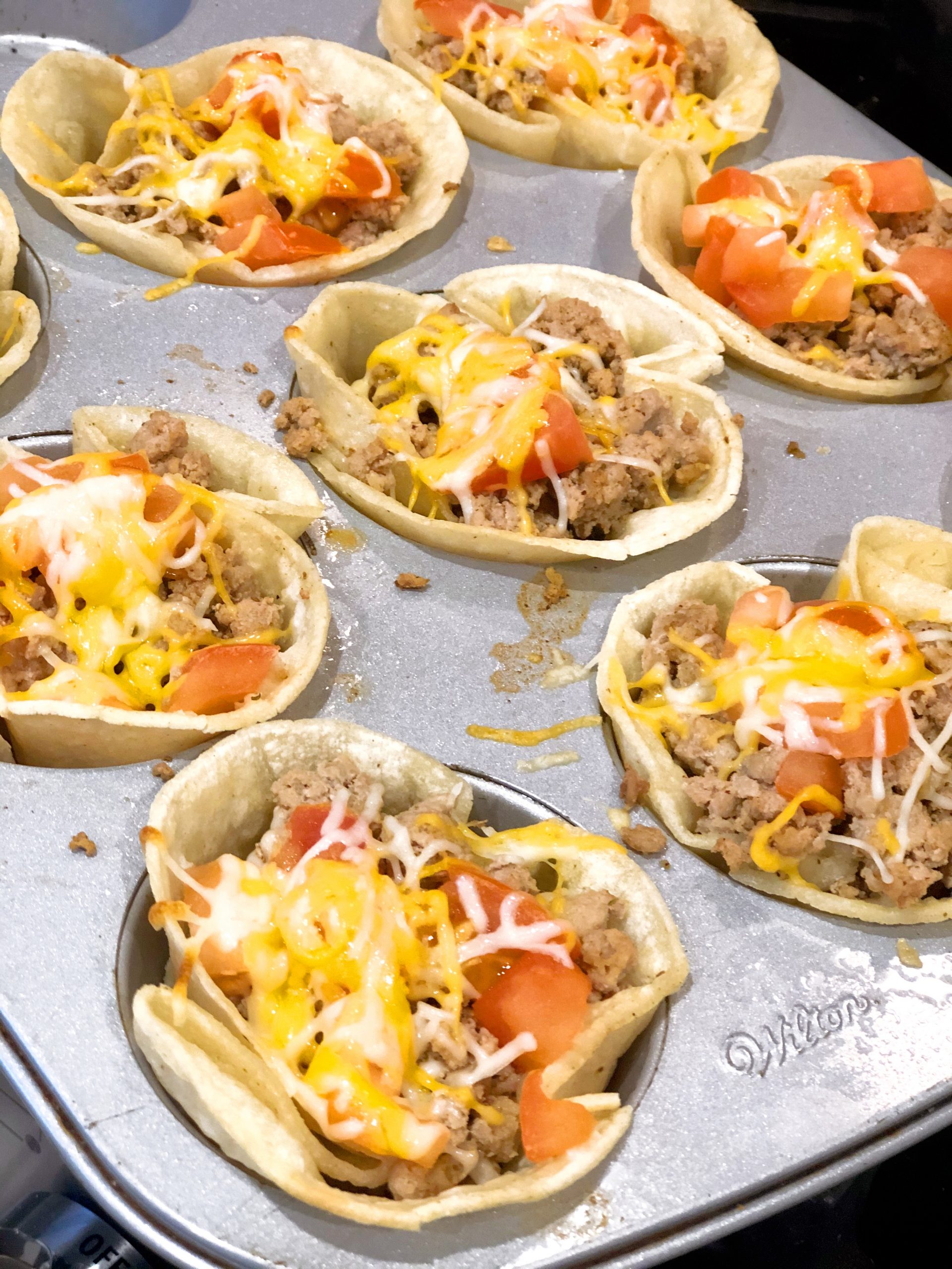 ground turkey taco cupcakes in the 12 cup muffin tin