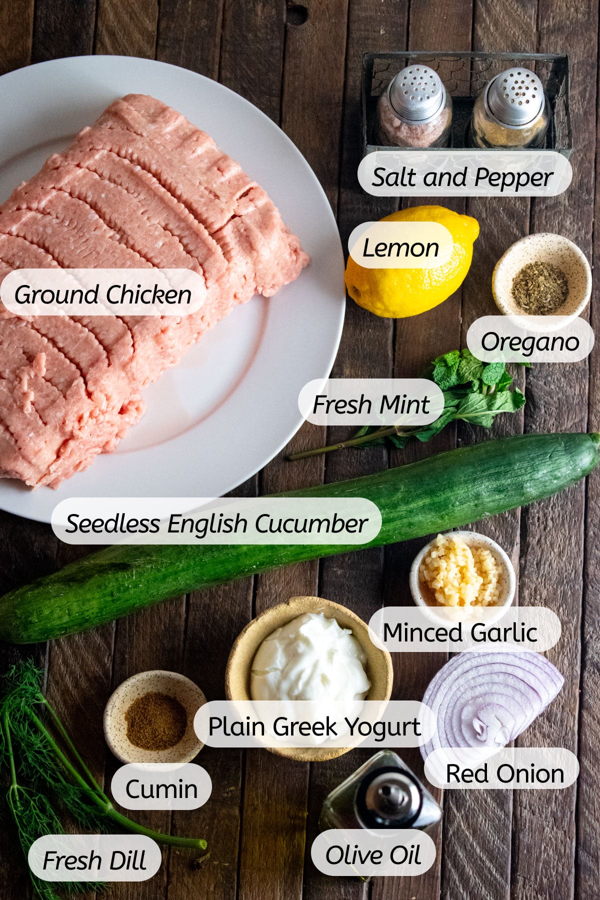 A photo of all the ingredients needed to make this recipe with labels included.