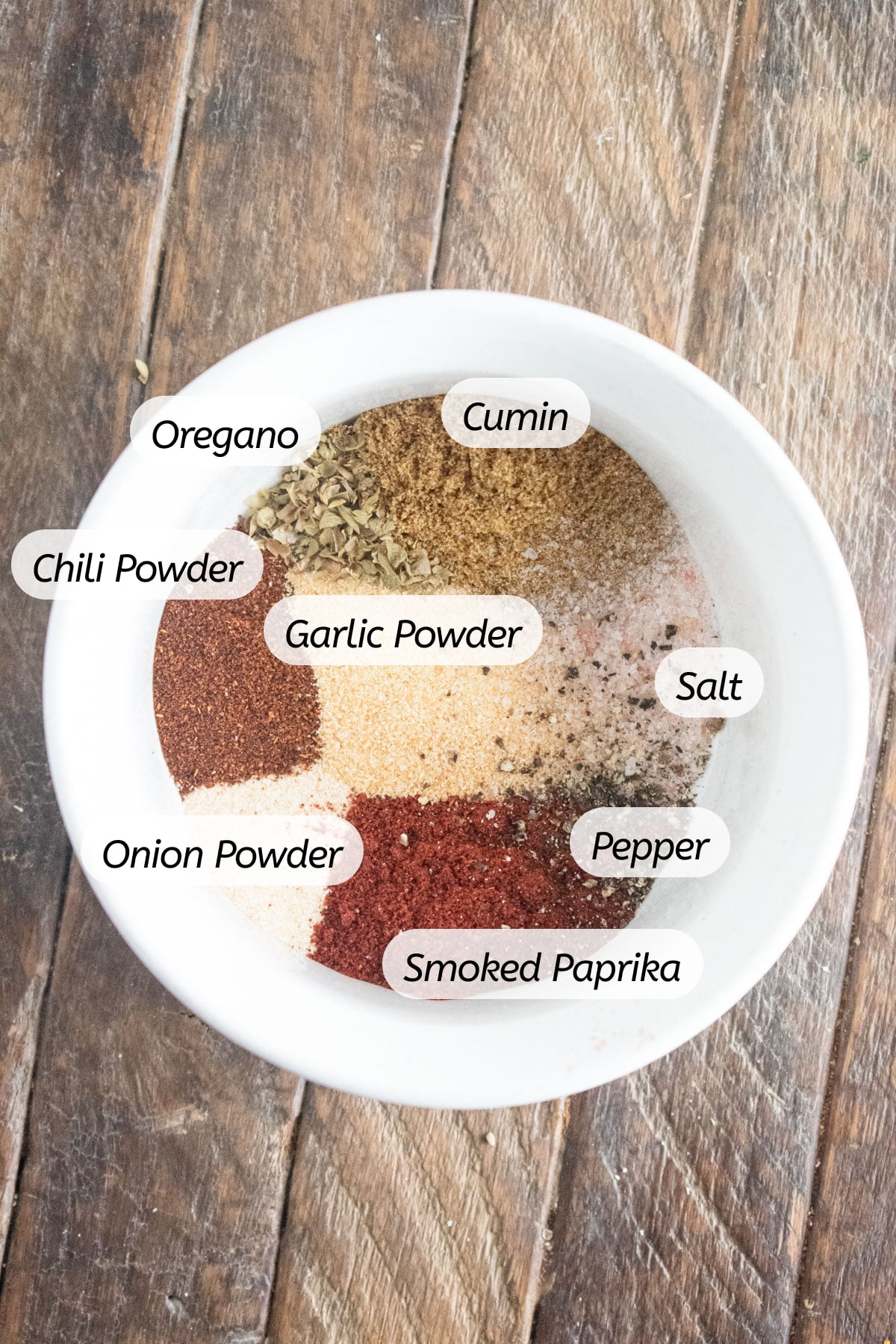 The spices needed to make homemade taco seasoning with labels included.
