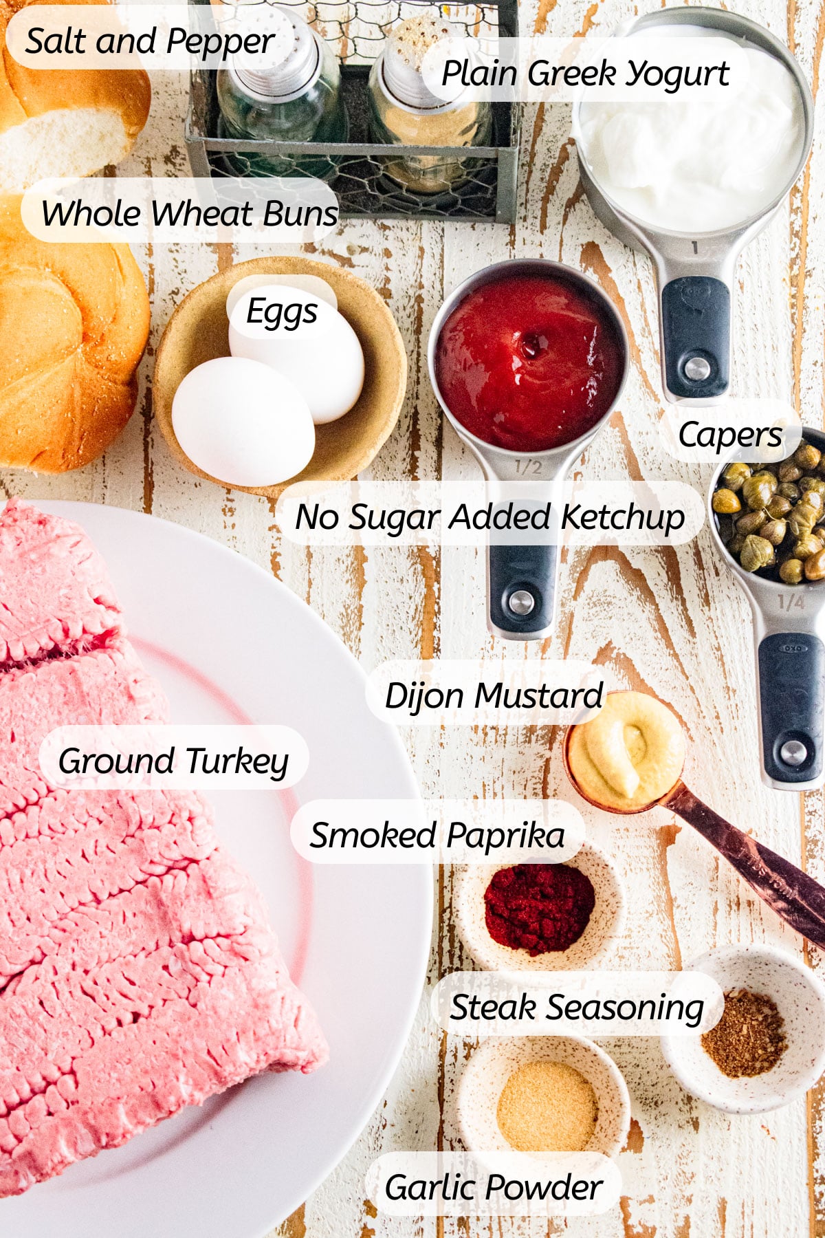 A photo of all the ingredients needed to make this recipe with labels included.