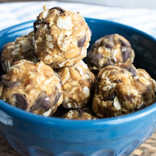 no bake energy balls in a blue bowl