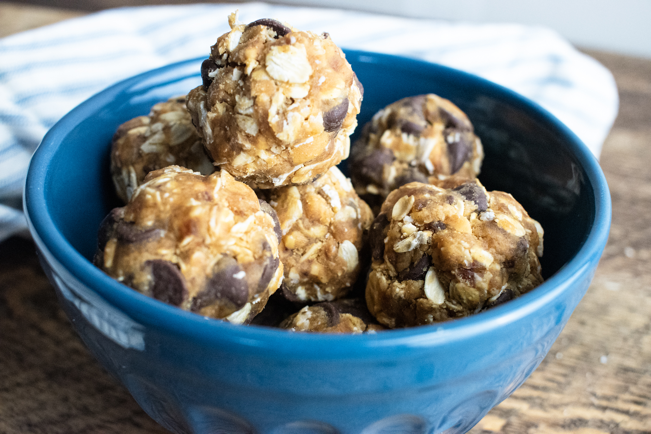 no bake energy balls in a blue bowl