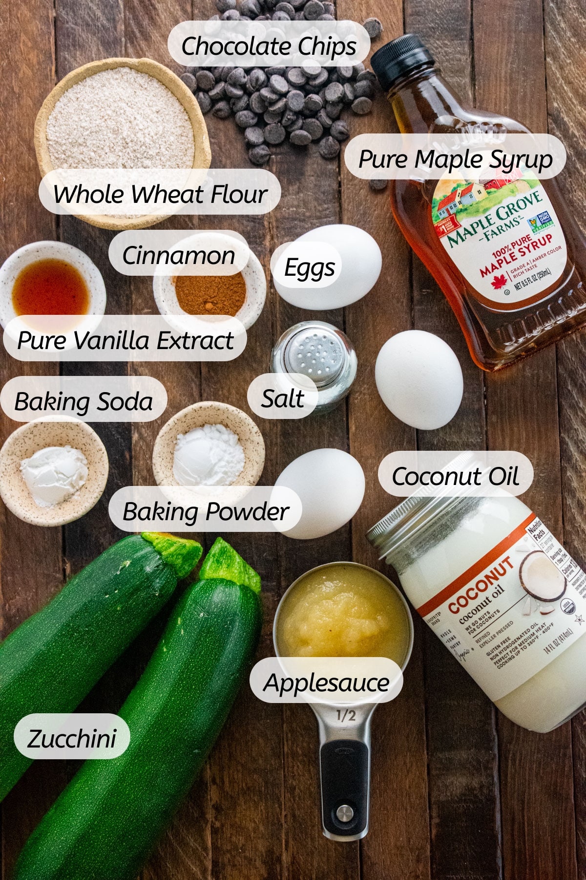 All the ingredients needed to make zucchini bread with labels included.