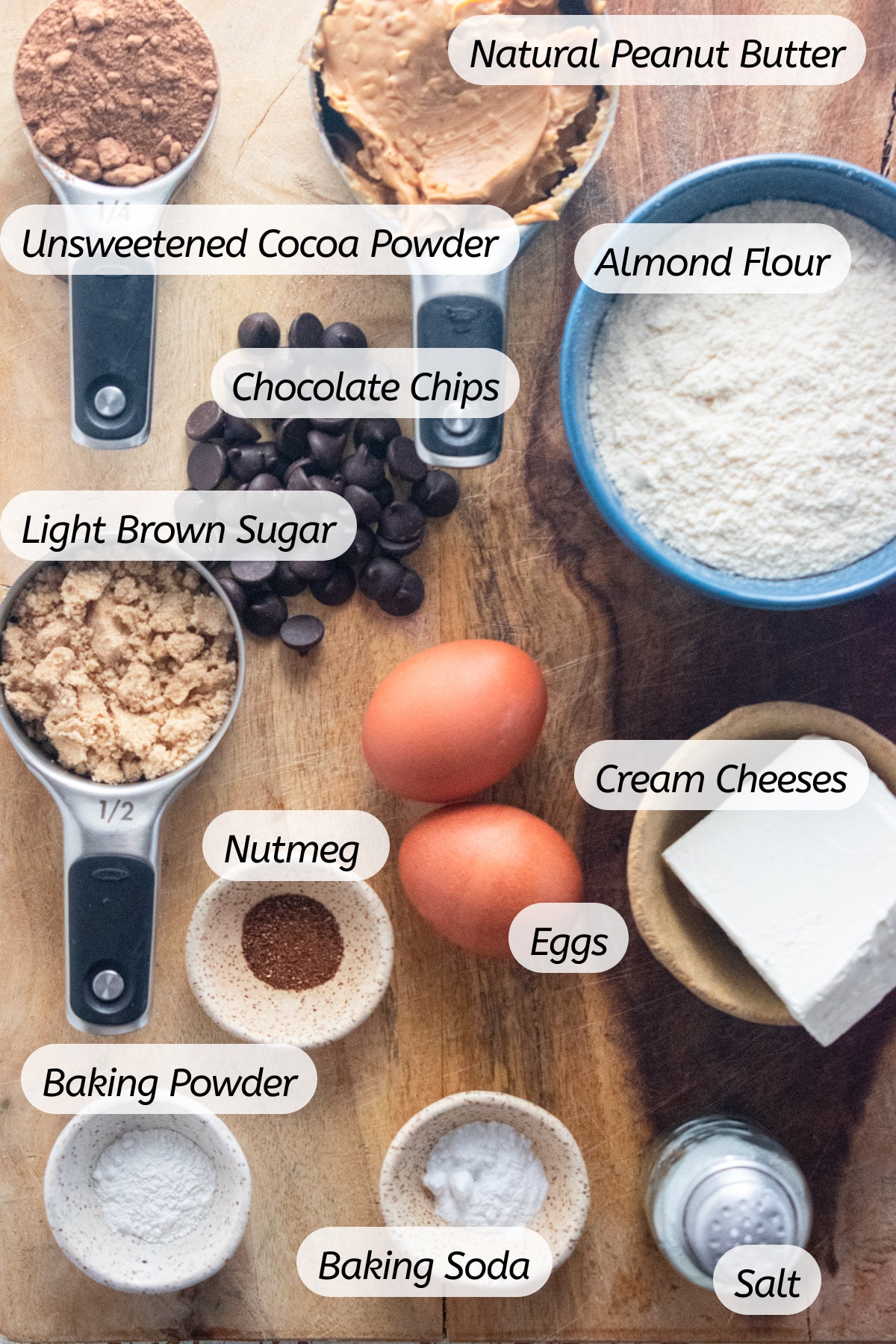 A birds-eye view of all the ingredients you will need to make these cookies with labels included.
