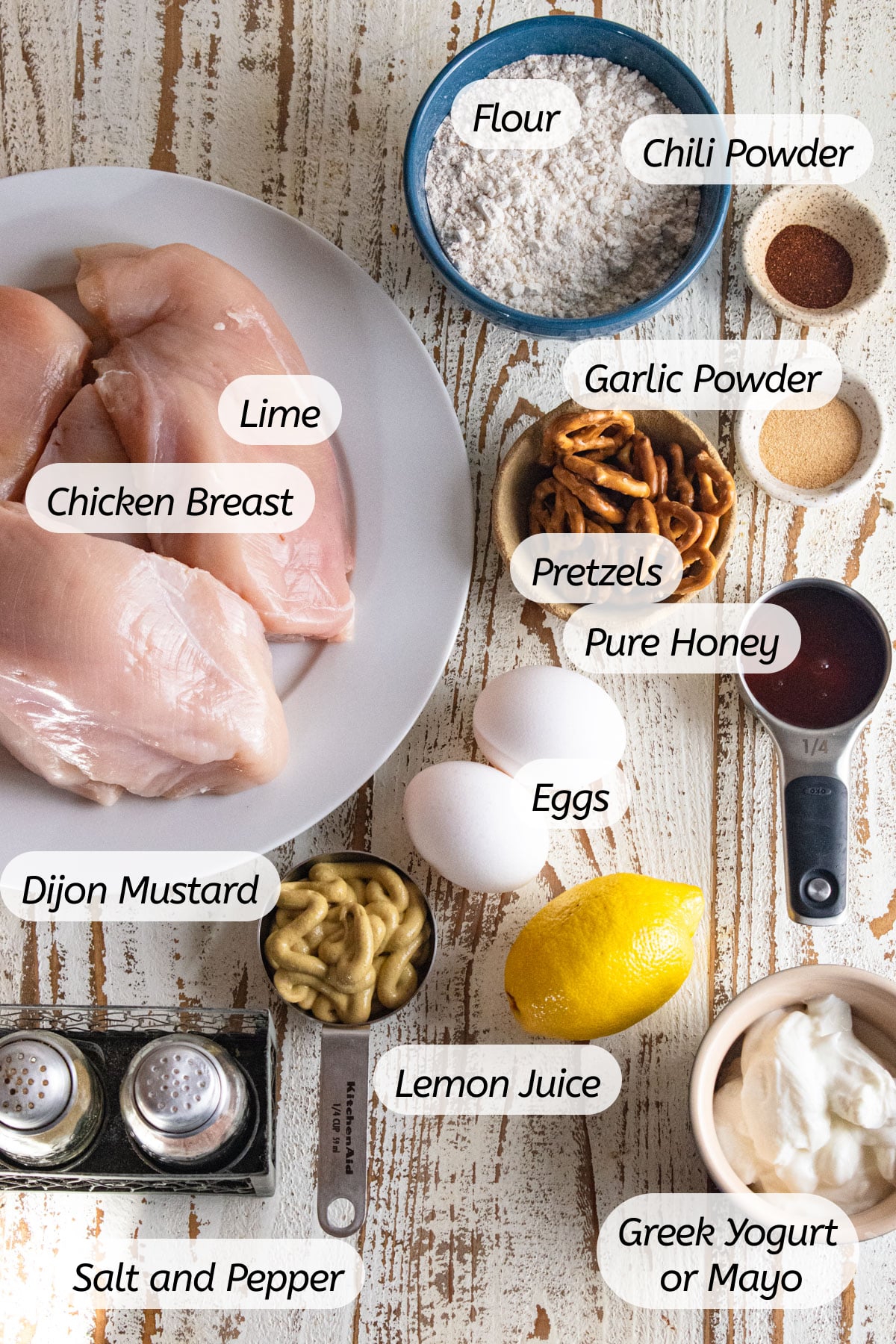 A birds eye view of all the ingredients you will need to make this recipe with labels included.