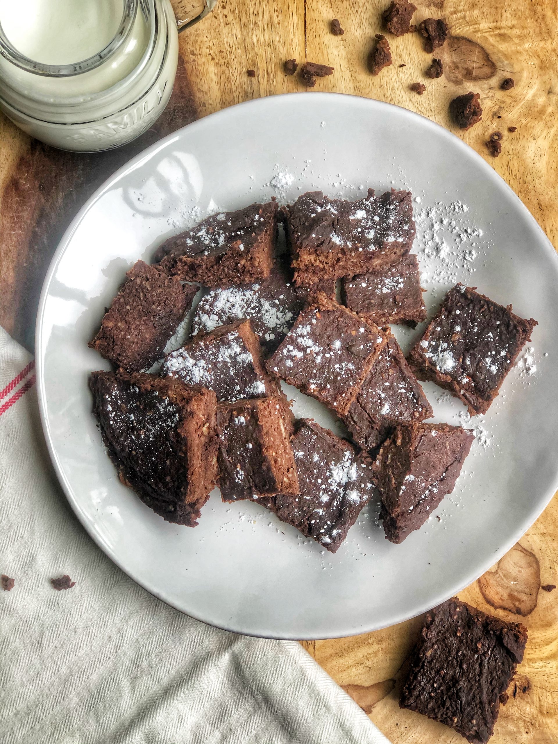 flourless fudgy brownies on a white plate