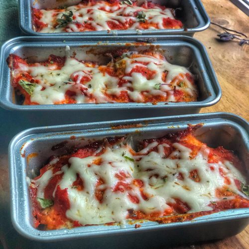 close up of mini chicken parm meatloaves