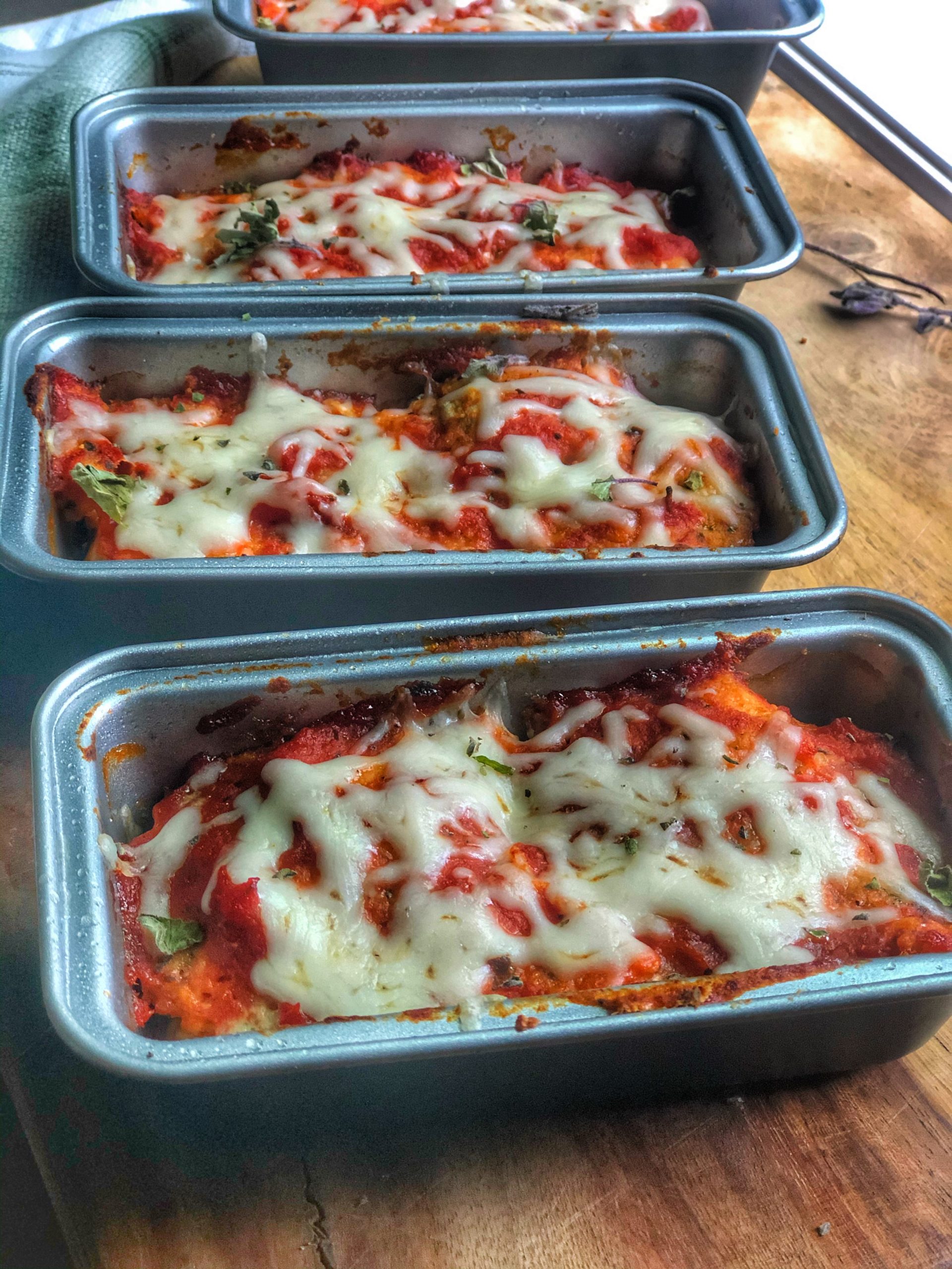 close up of mini chicken parm meatloaves