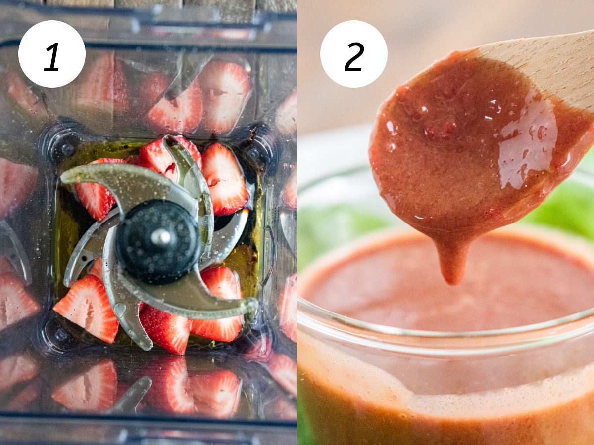 Steps one and two of the cooking process to make this healthy salad dressing.