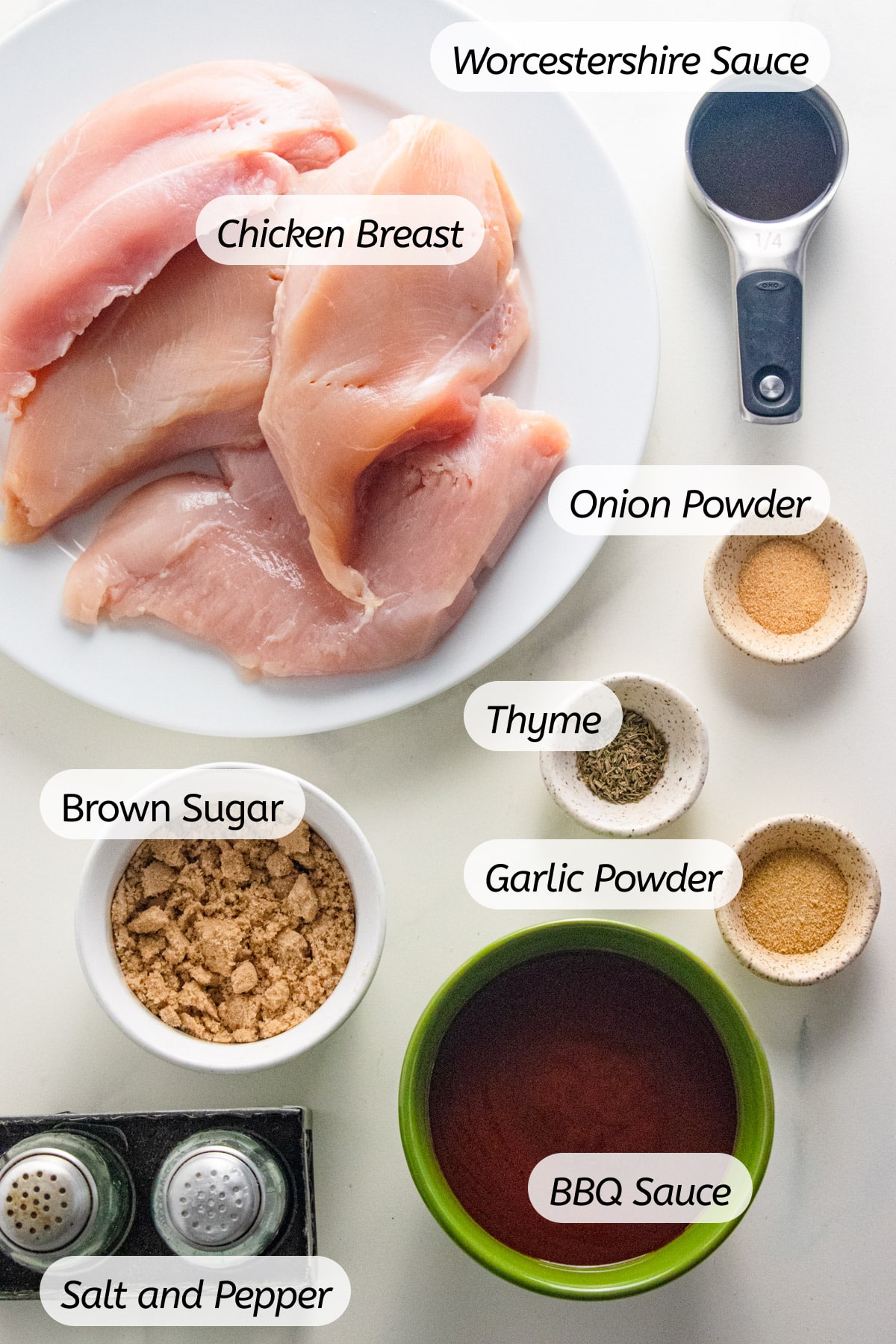 A photo of all the ingredients needed to make this recipe with labels included.
