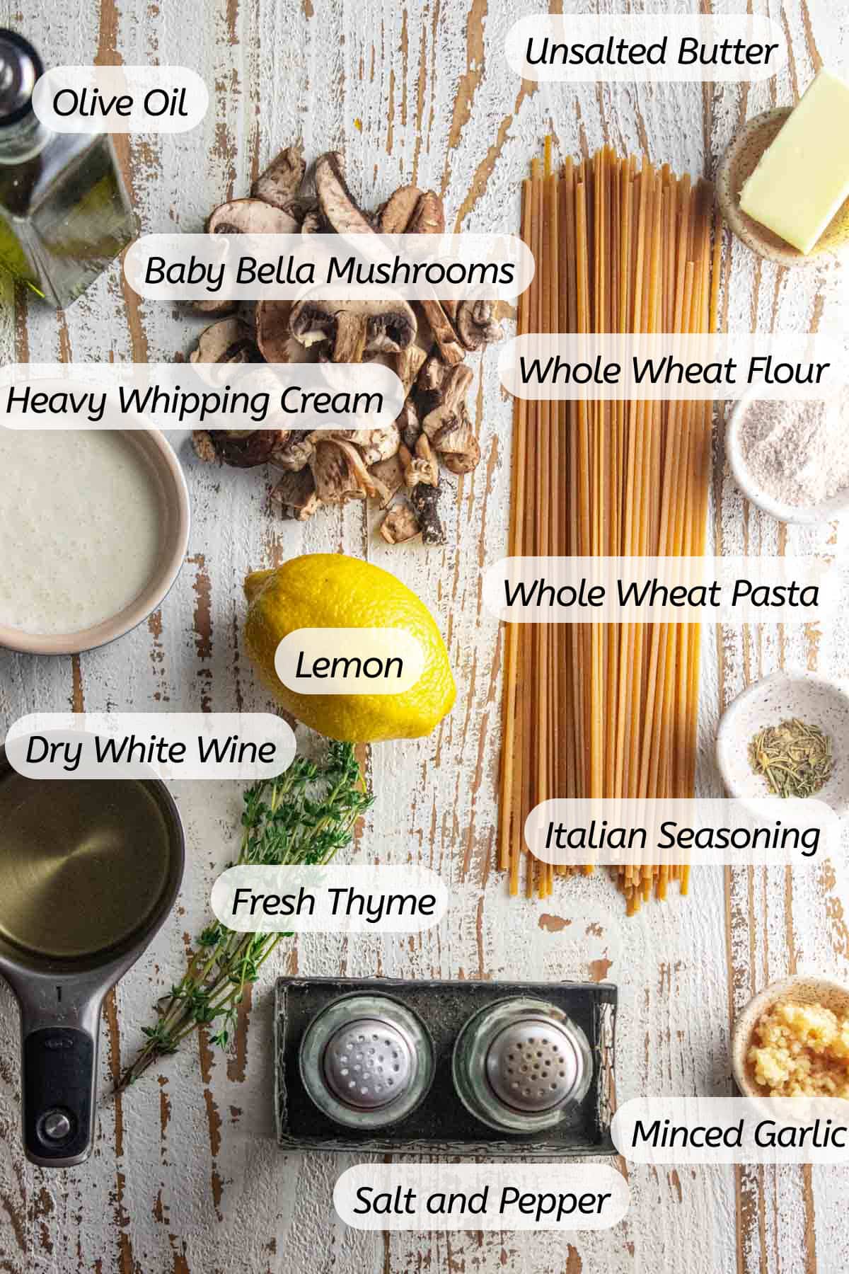 A birds eye view of all the ingredients needed to make this dish with labels included.