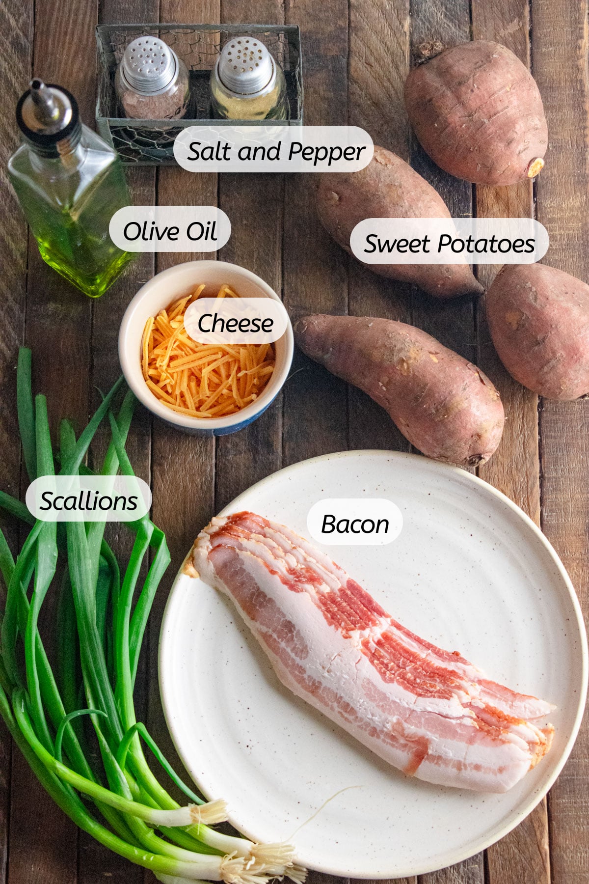 A birds-eye view of all the ingredients you will need to make this recipe with labels included.