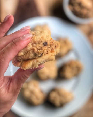 a hand holding almond cookie dough bites