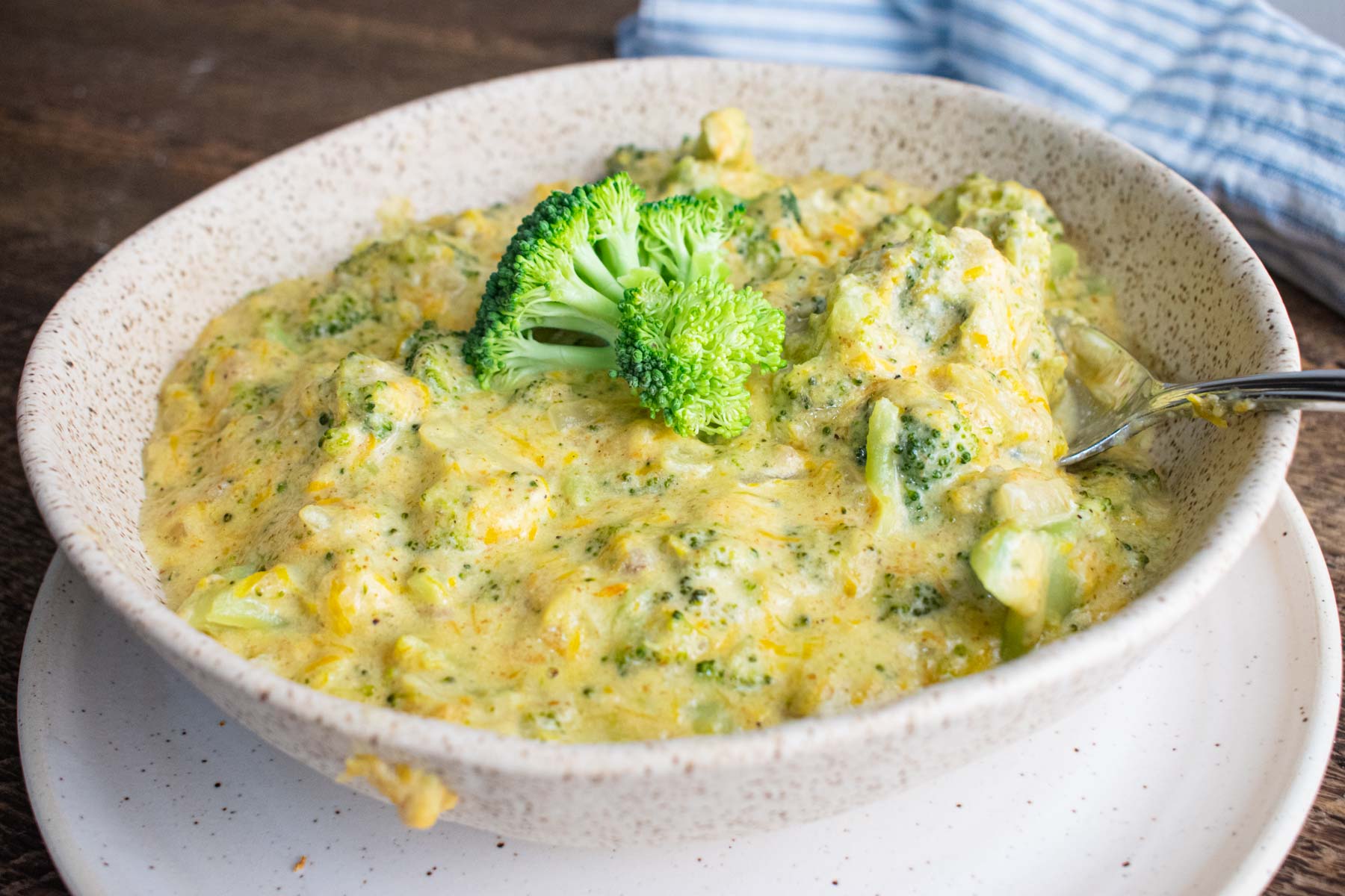 close up of homemade broccoli cheddar soup