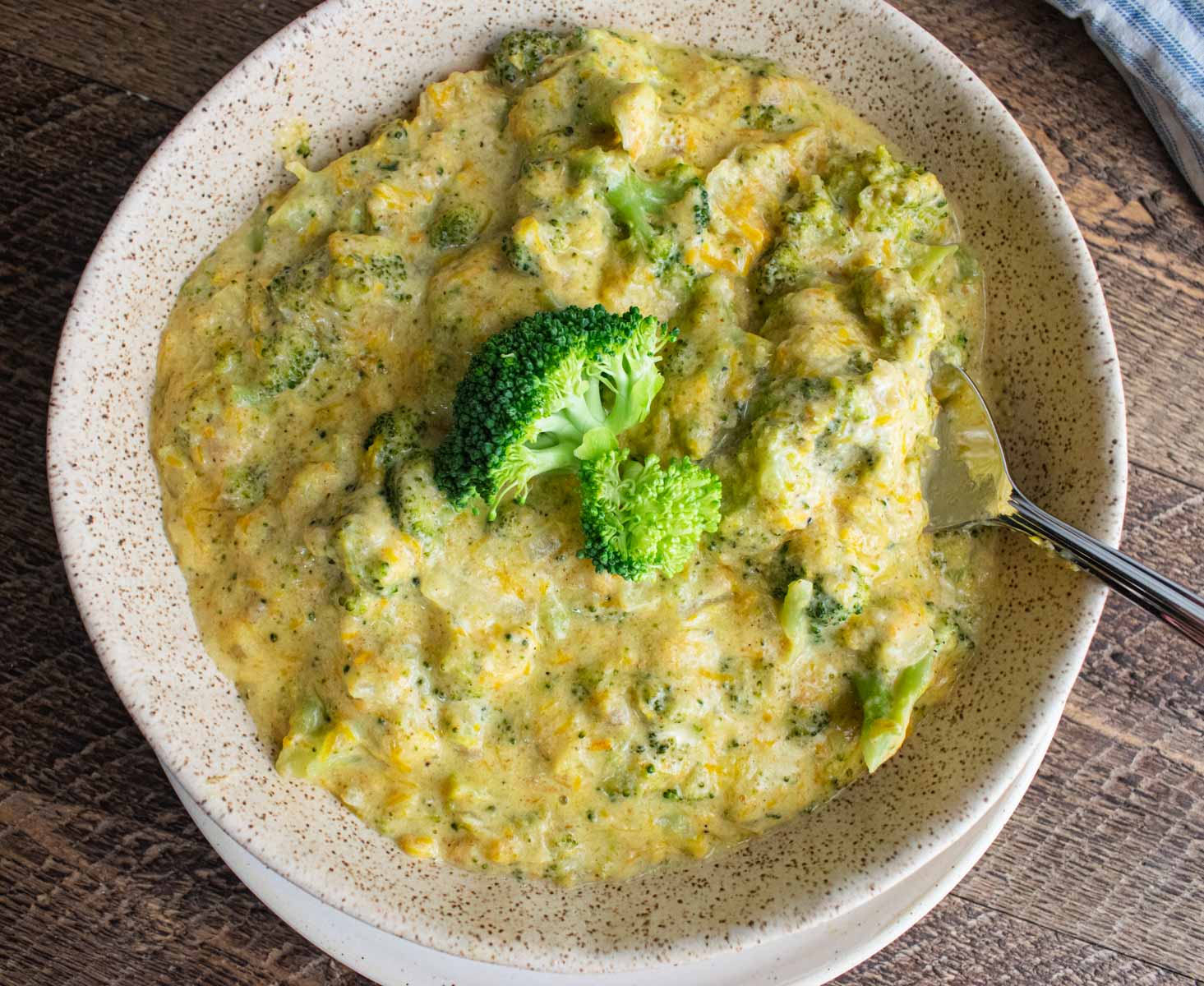 close up of homemade broccoli cheddar soup