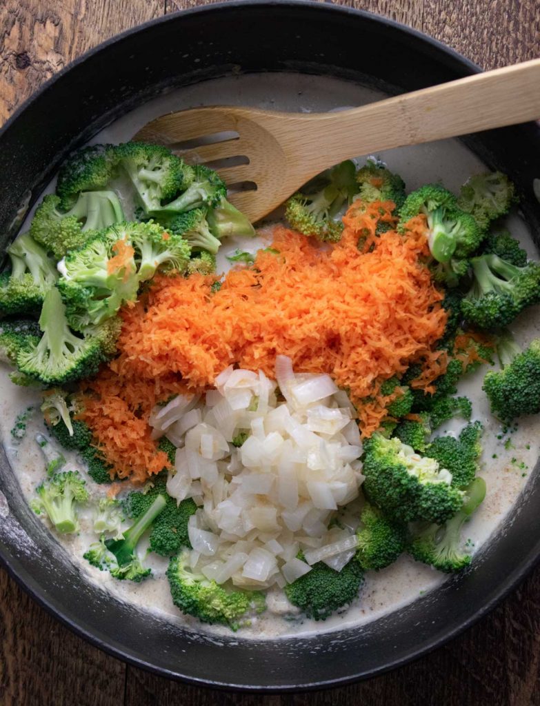 veggies added to homemade broccoli cheddar soup