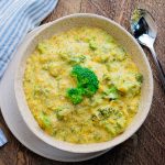 birds eye view of homemade broccoli cheddar soup in a white bowl on a wooden table