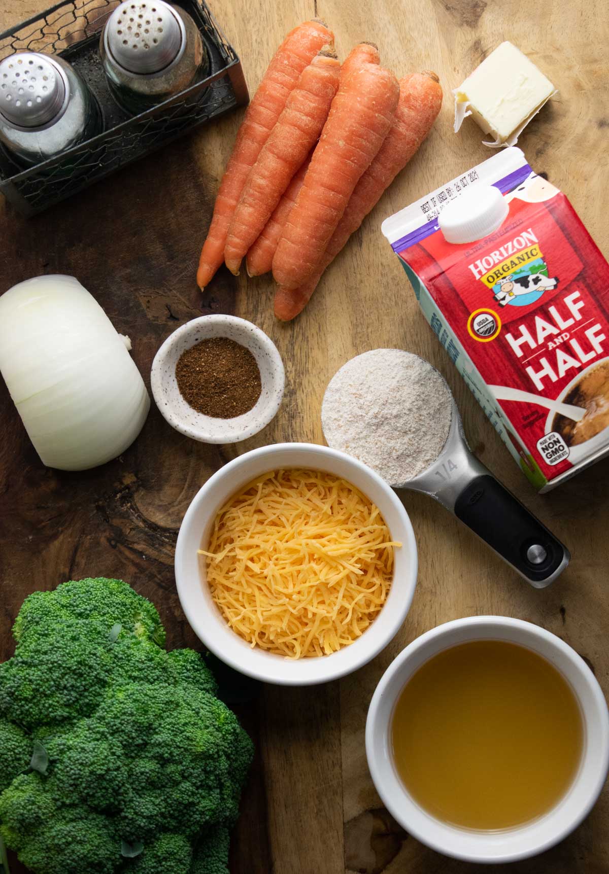 ingredients to make homemade broccoli cheddar soup