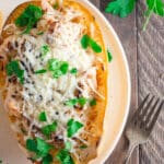 Chicken Alfredo made inside a spaghetti squash on a white plate topped with fresh parsley.