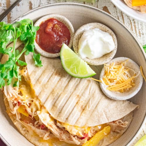 A chicken fajita on a cream colored plate with salsa, plain Greek yogurt, and cheese and a slice of lime.