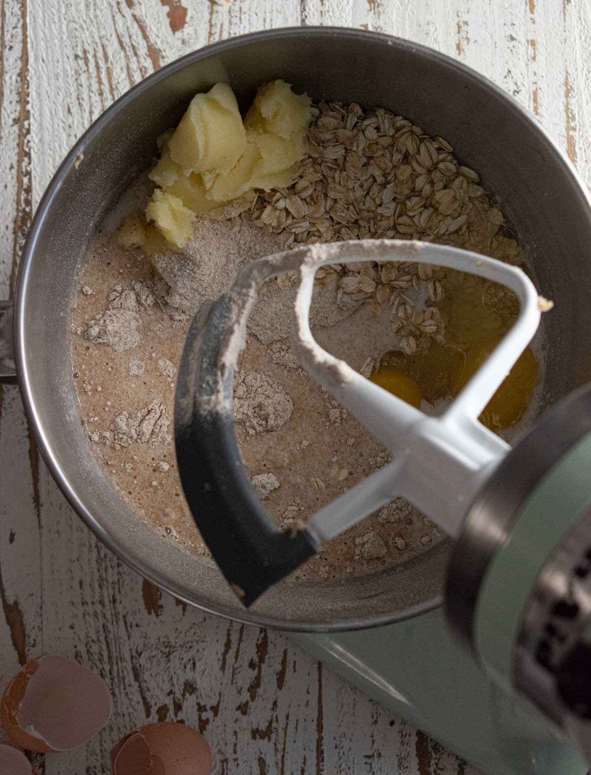 ingredients in a kitchen aid stand mixer to make irish soda bread