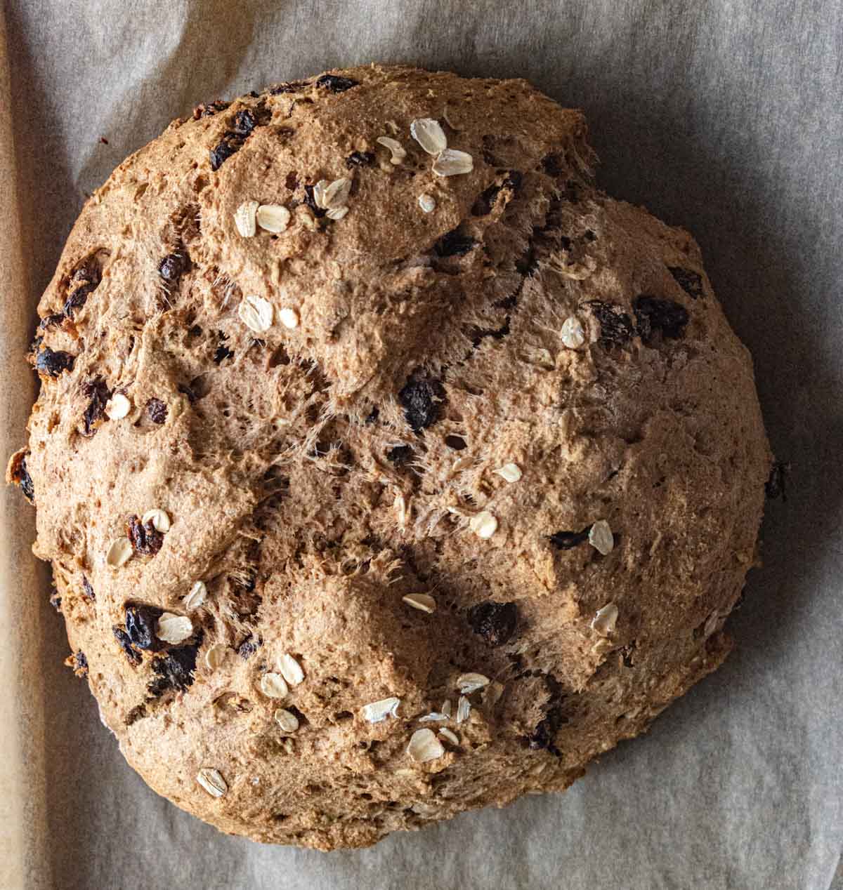 irish soda bread on a sheet of parchment paper right out of the oven