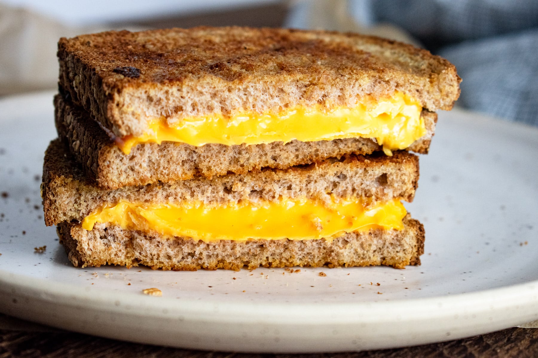 Two crispy pieces of bread on a white plate with melted cheese oozing out.