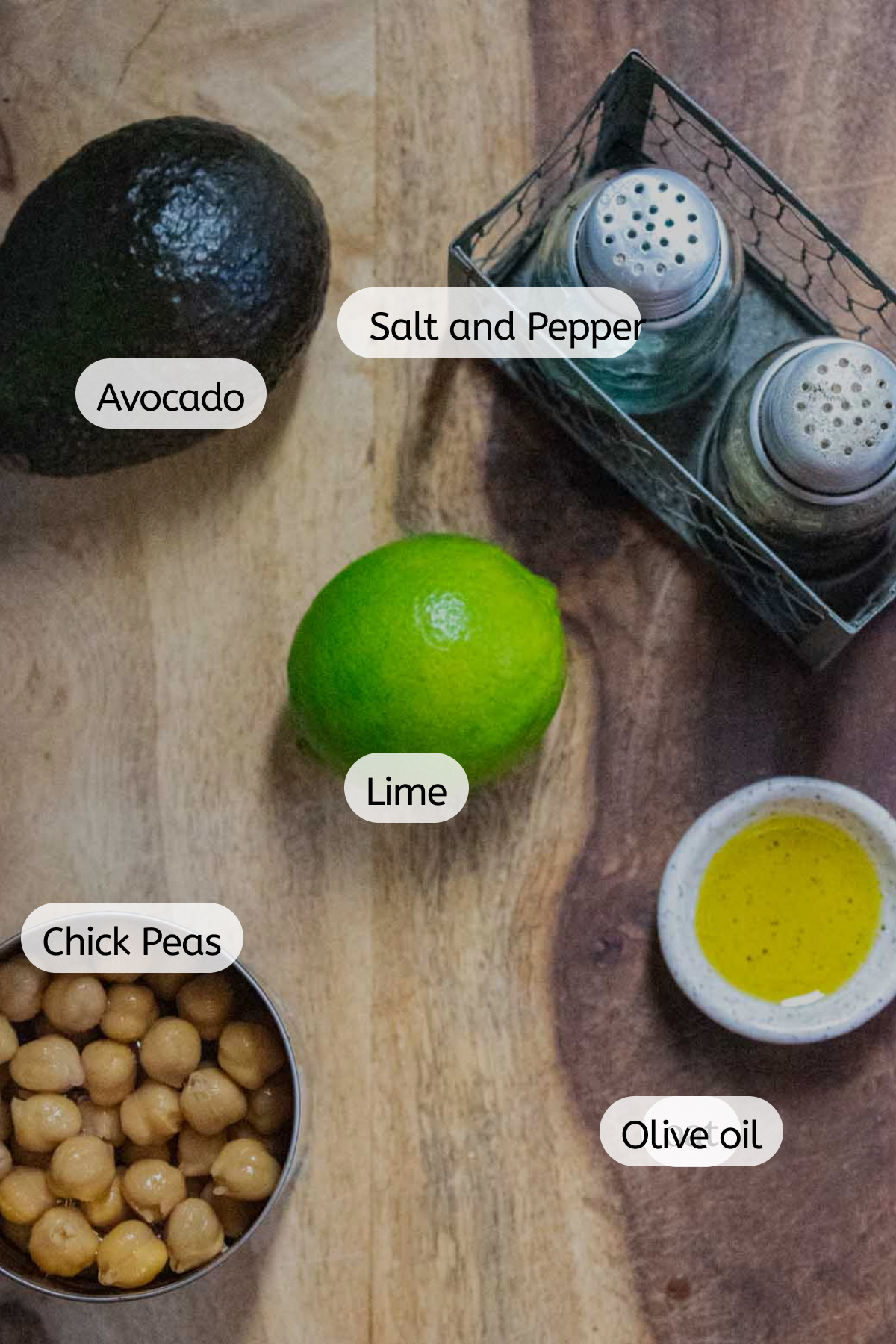 birds-eye view of ingredients needed for avocado hummus with labels included