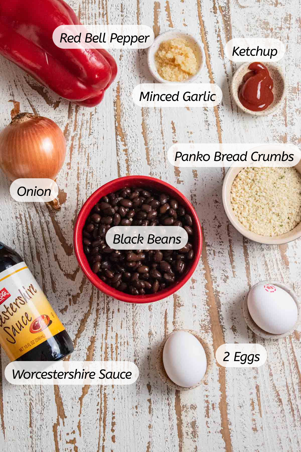 birds-eye view of all the ingredients you will need to make these black bean burgers with labels included 
