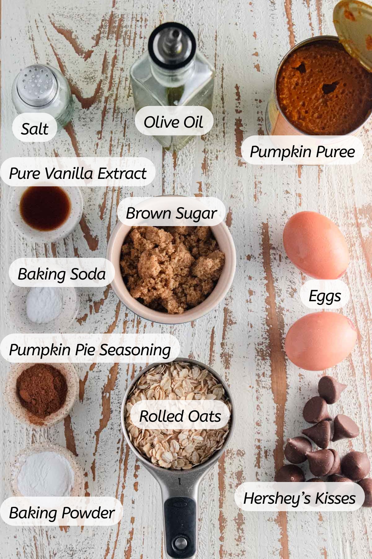 A picture of the ingredients you will need to make these muffins with labels included.