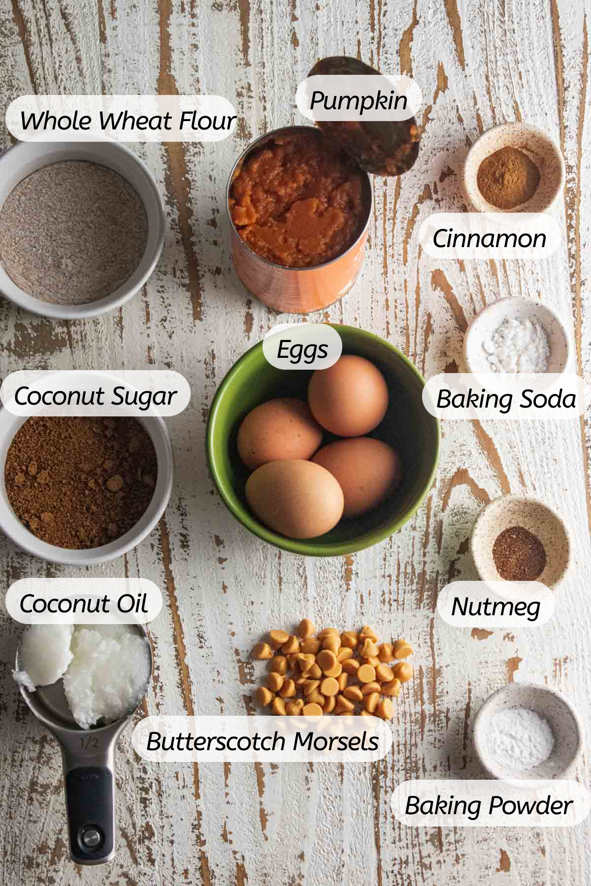 A picture of all the ingredients on a white wooden board with labels included. 