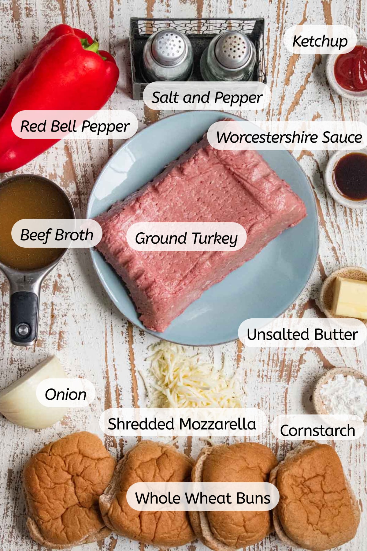 A birds-eye view of all the ingredients you will need to make this recipe with labels included. 