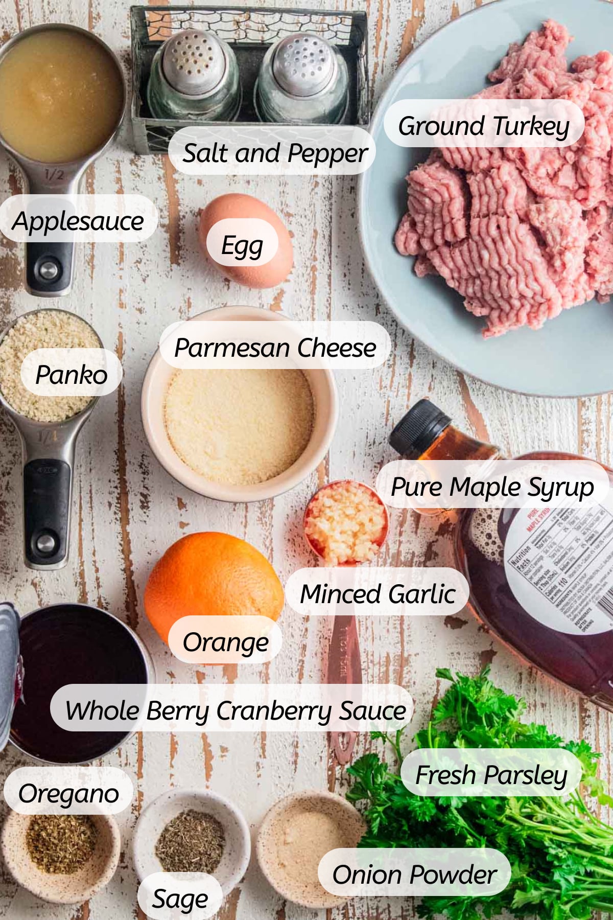 A birds-eye view of all the ingredients needed to make these cranberry turkey meatballs with labels included.