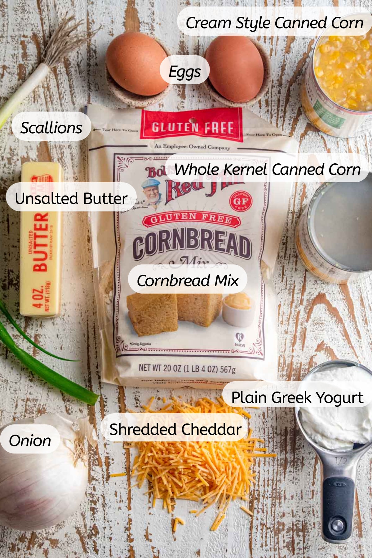A birds eye view of all the ingredients you will need for this side dish with labels included.