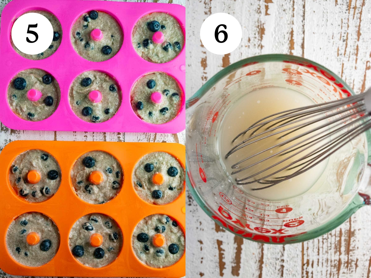 Two side-by-side photos of steps 5 and 6 for the directions process to make the donuts.