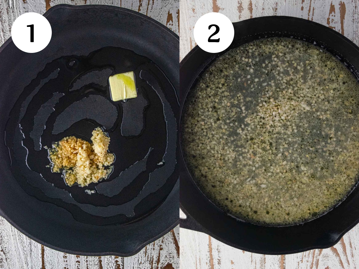 Steps 1 and 2 for making shrimp scampi. A cast iron skillet with garlic, butter, and oil in one picture and in a second picture there is added chicken stock.