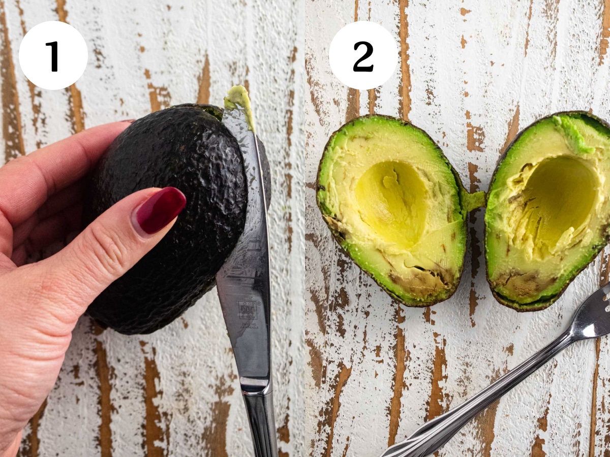 Step 1 and 2 of how to slice an avocado.