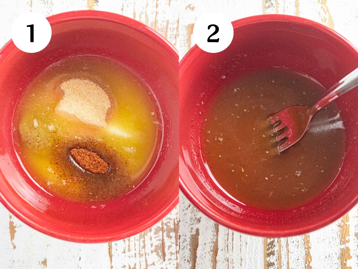 Side by side photos of steps 1 and 2 in the directions process. Step 1 is mixing butter and the seasonings then step 2 is mixing them well. 