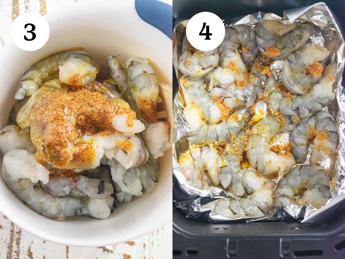 Side-by-side photos of steps 3 and 4 in the directions process. Step 3 is mixing butter and seasonings in a bowl and step 4 is laying the shrimp in the air fryer.