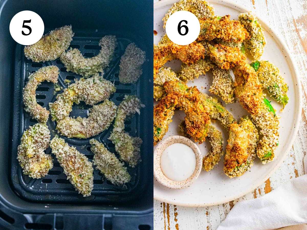 Steps 5 and 6 of the cooking process to make avocado fries. Step 5 is laying the fries on the bottom of the air fryer and step 6 is serving them with your favorite dipping sauce. 