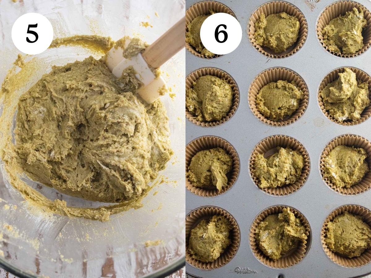 Steps 5 and 6 of the cooking process. Step 5 is mixing wet and dry ingredients together and step 6 is putting your batter into the muffin liners. 