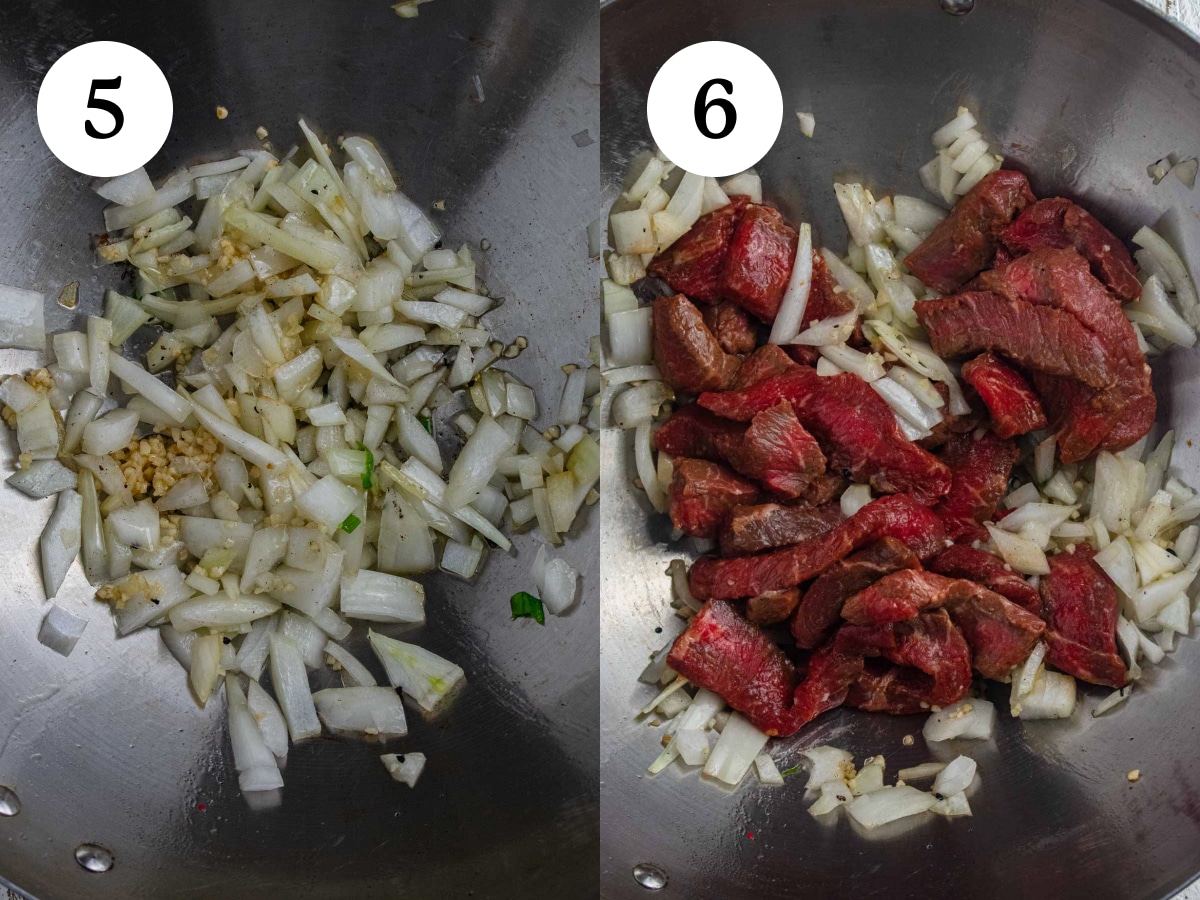 Steps 5 and 6 in the directions process for this recipe. Step 5 is stir frying garlic and onions and step 6 is adding the beef in. 